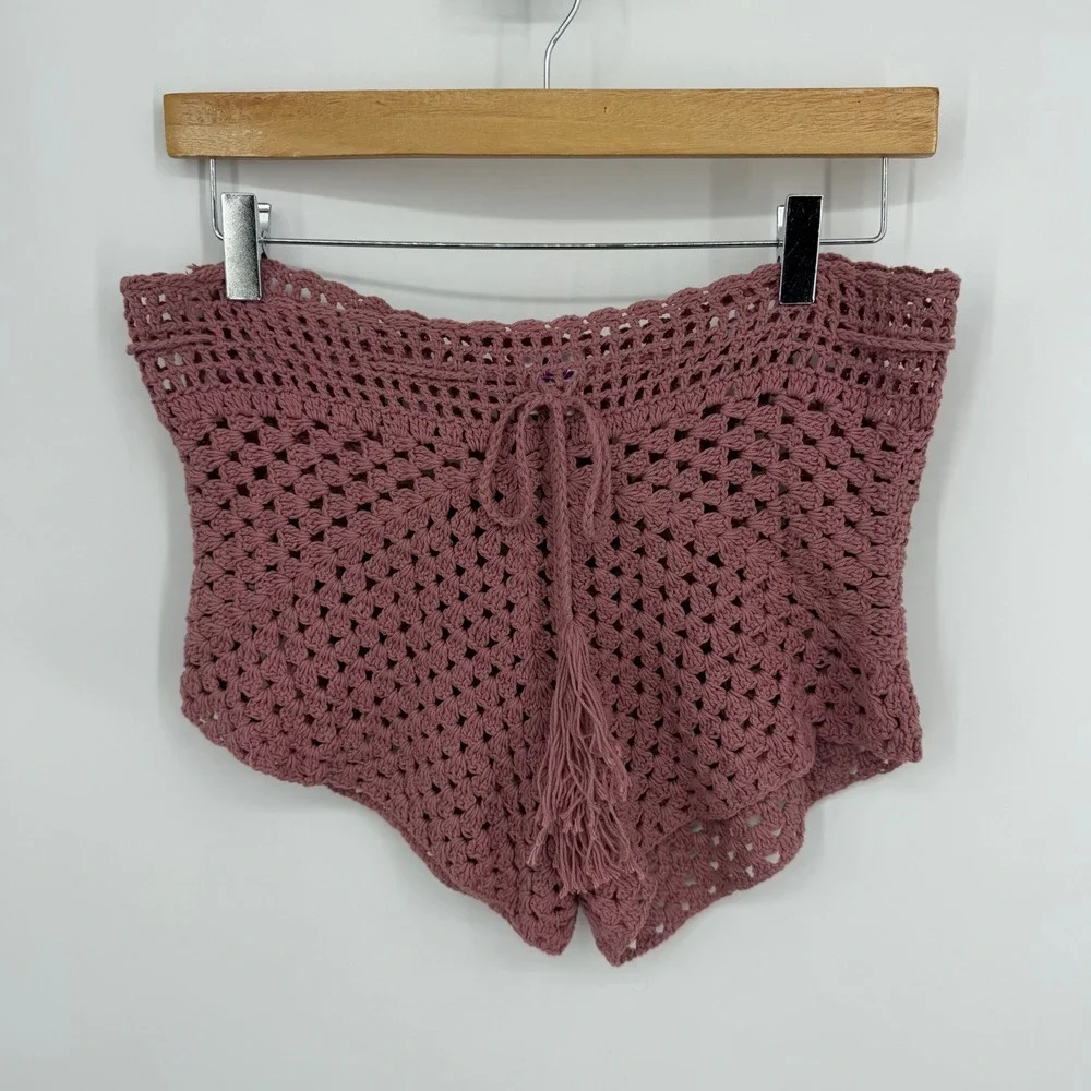 Purple Lotus Imports Crochet Tassel Shorts‎ Women  Rose Pink Boho Festival